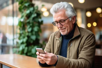 Senior Man Using Smartphone In A Cafe
