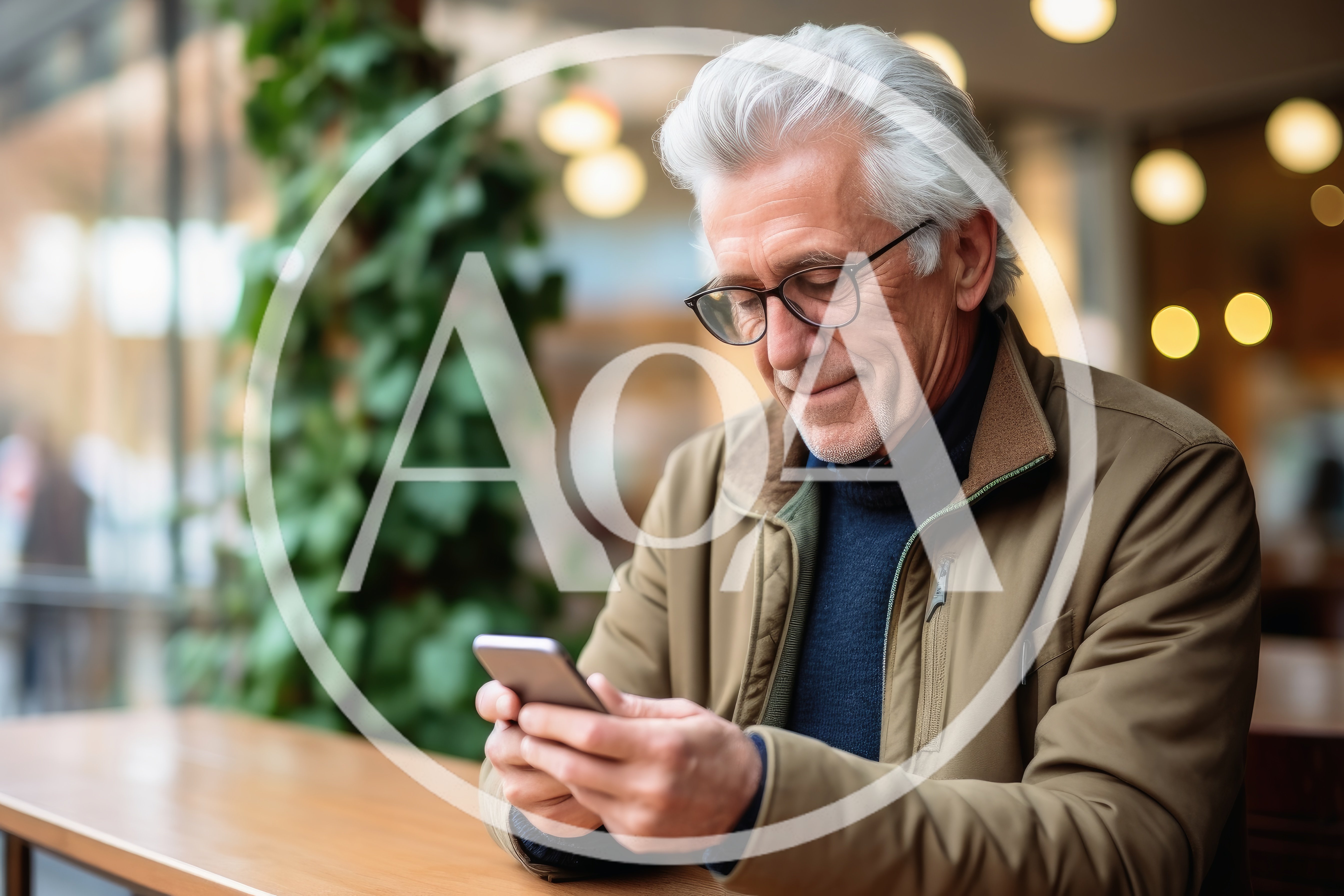 Senior Man Using Smartphone In A Cafe