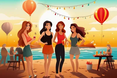 Four Women Enjoying A Beach Party At Sunset