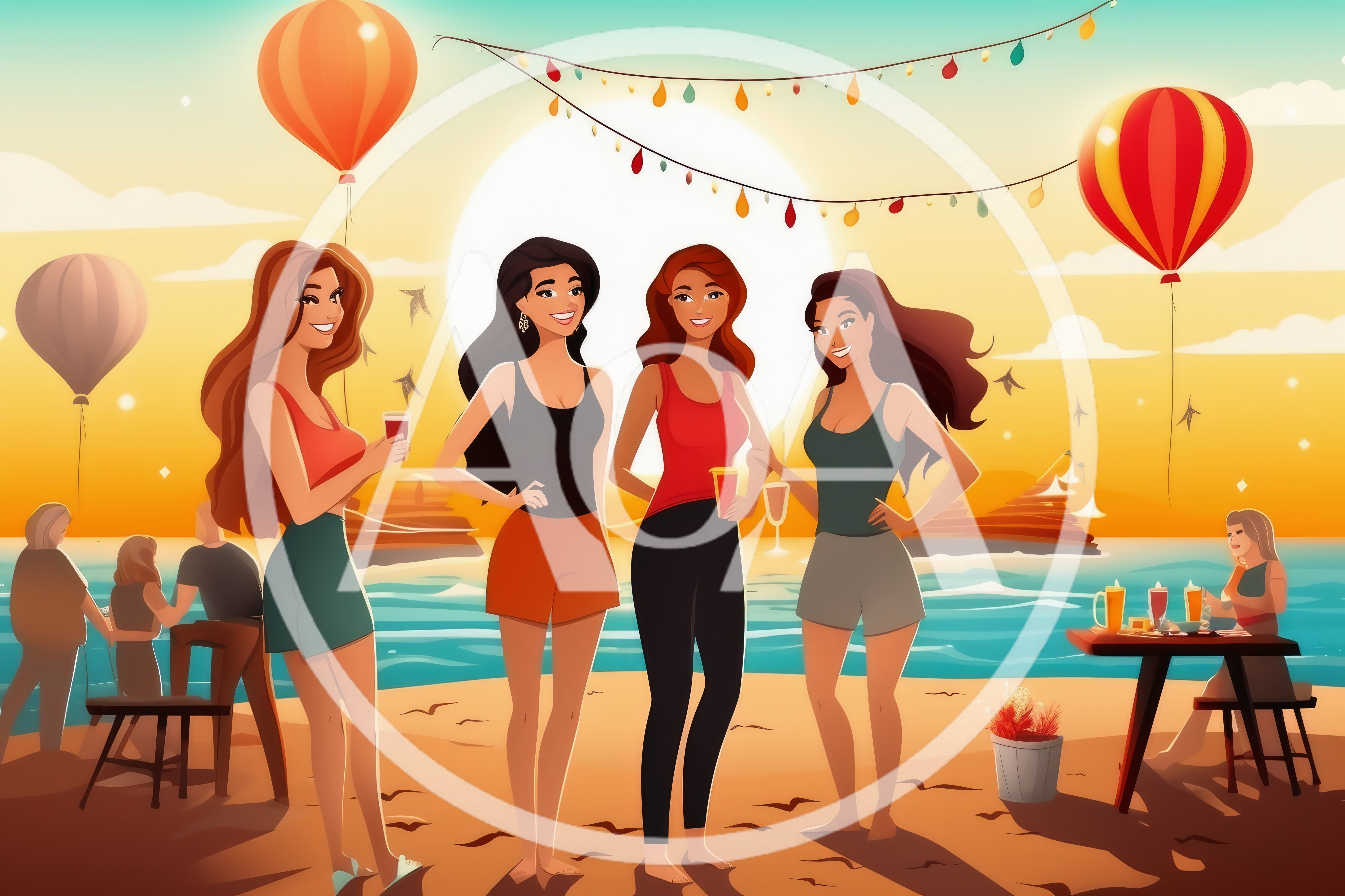 Four Women Enjoying A Beach Party At Sunset