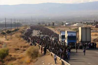 Large Group Of Migrants Walking Along A Highway