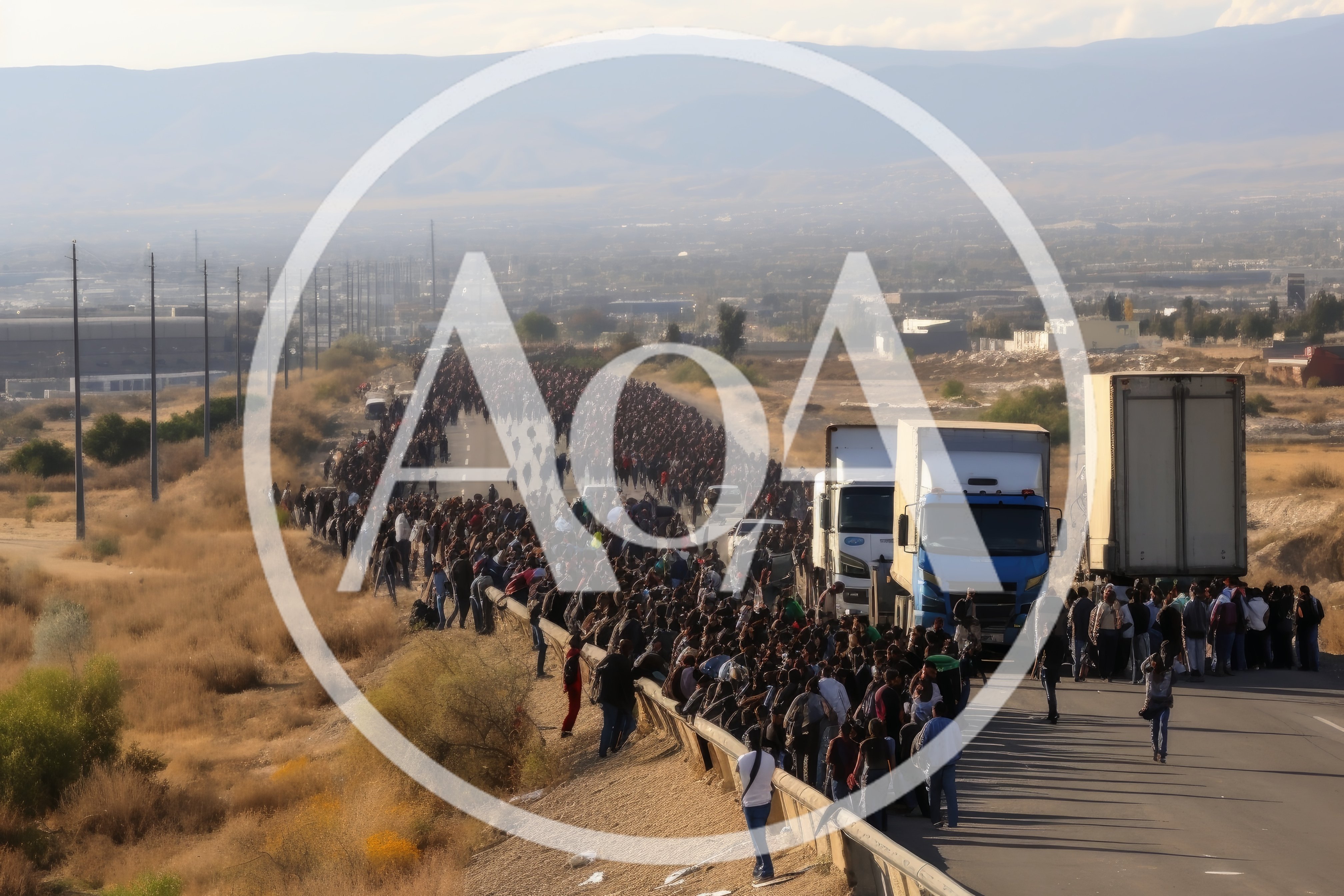 Large Group Of Migrants Walking Along A Highway