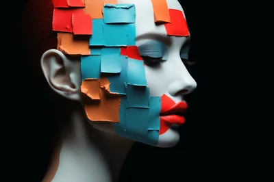 Abstract Portrait Of Woman With Geometric Paint Blocks