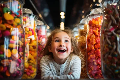 Excited Young Girl Looking At Candy Jars