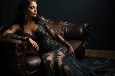 Elegant Woman In Black Lace Gown On Leather Sofa