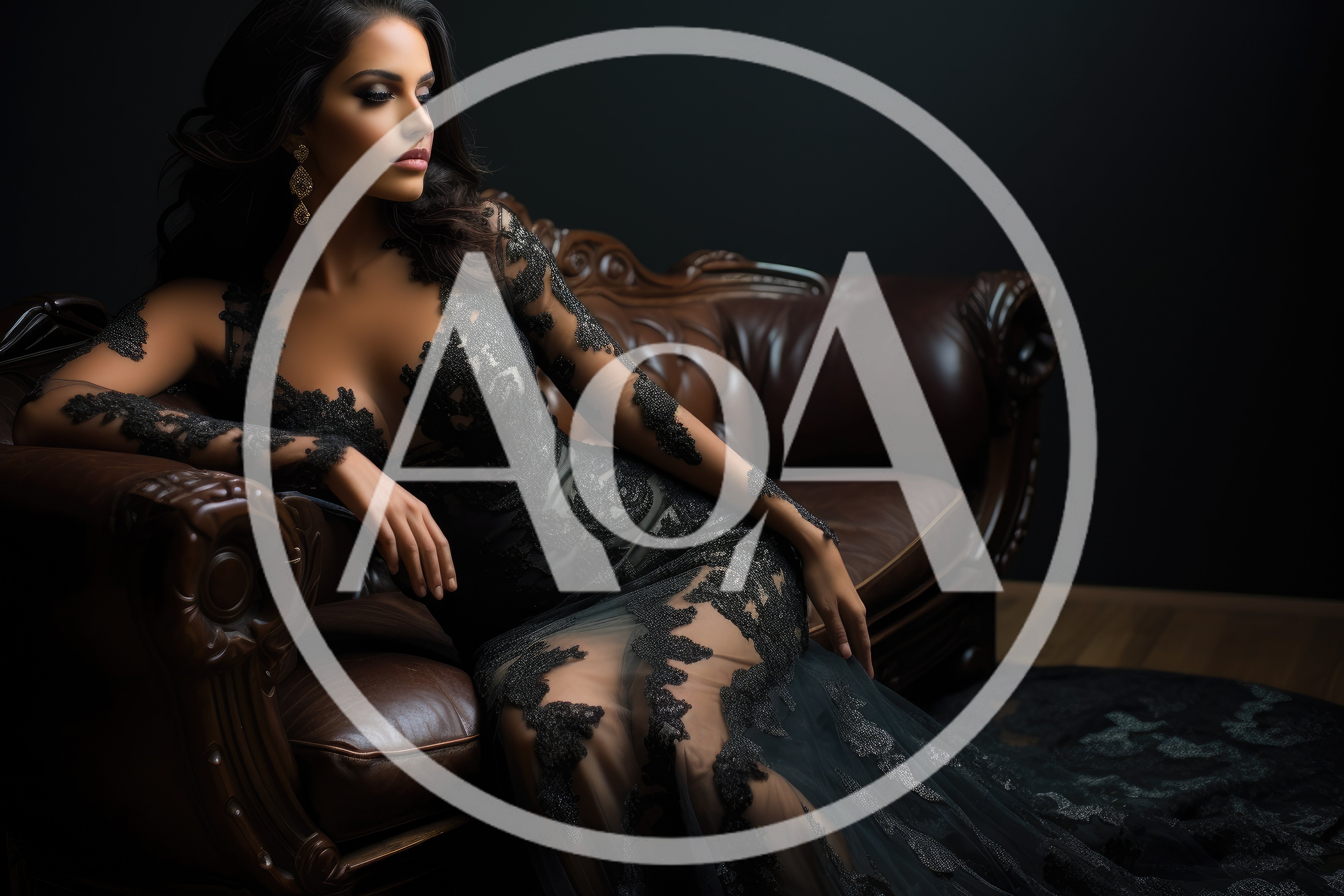 Elegant Woman In Black Lace Gown On Leather Sofa