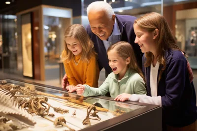Grandfather And Granddaughters Exploring Museum Fossil Exhibit