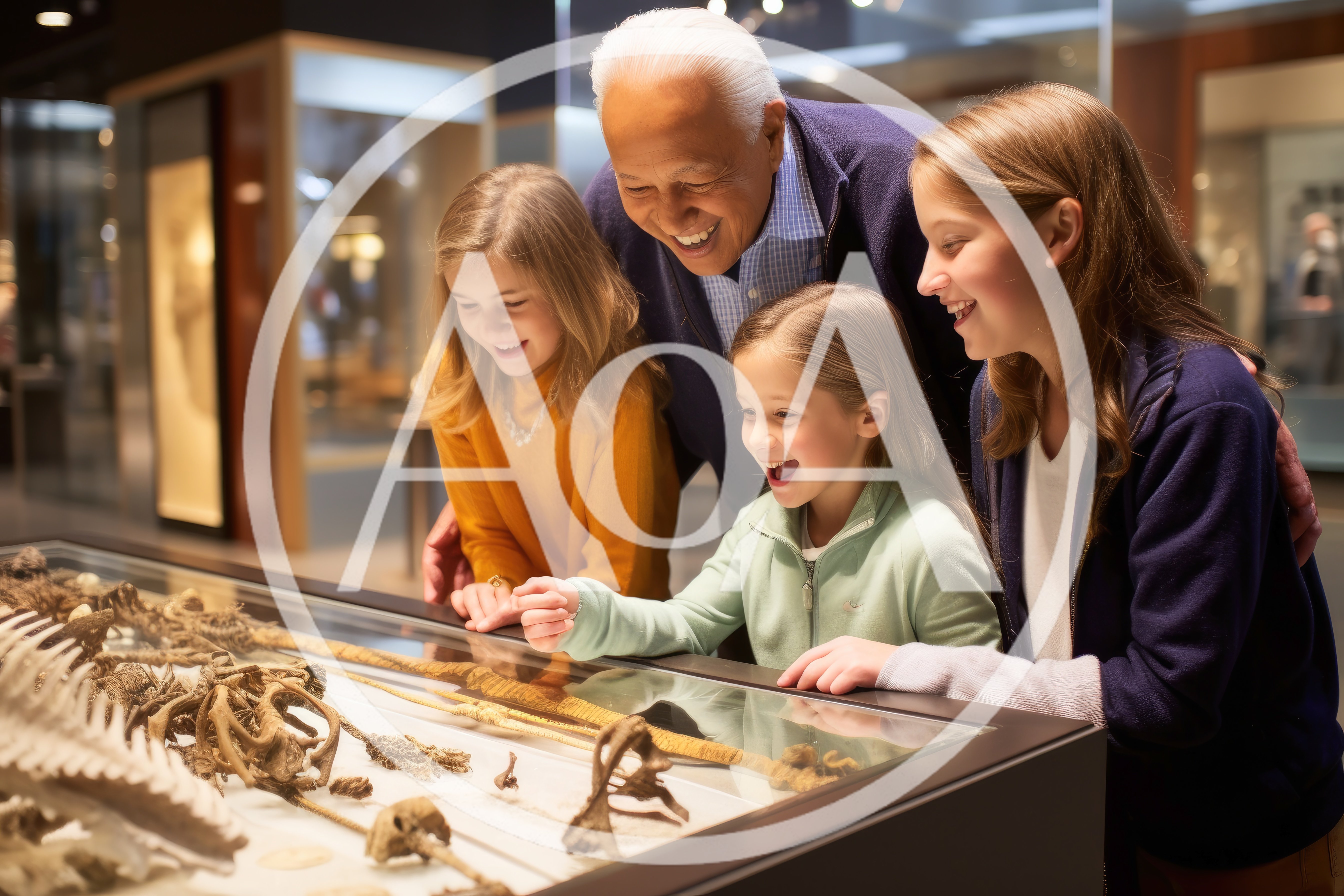 Grandfather And Granddaughters Exploring Museum Fossil Exhibit