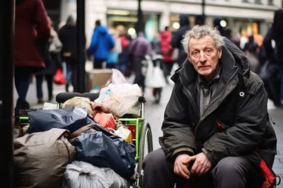Homeless Man Sitting With Belongings On City Street