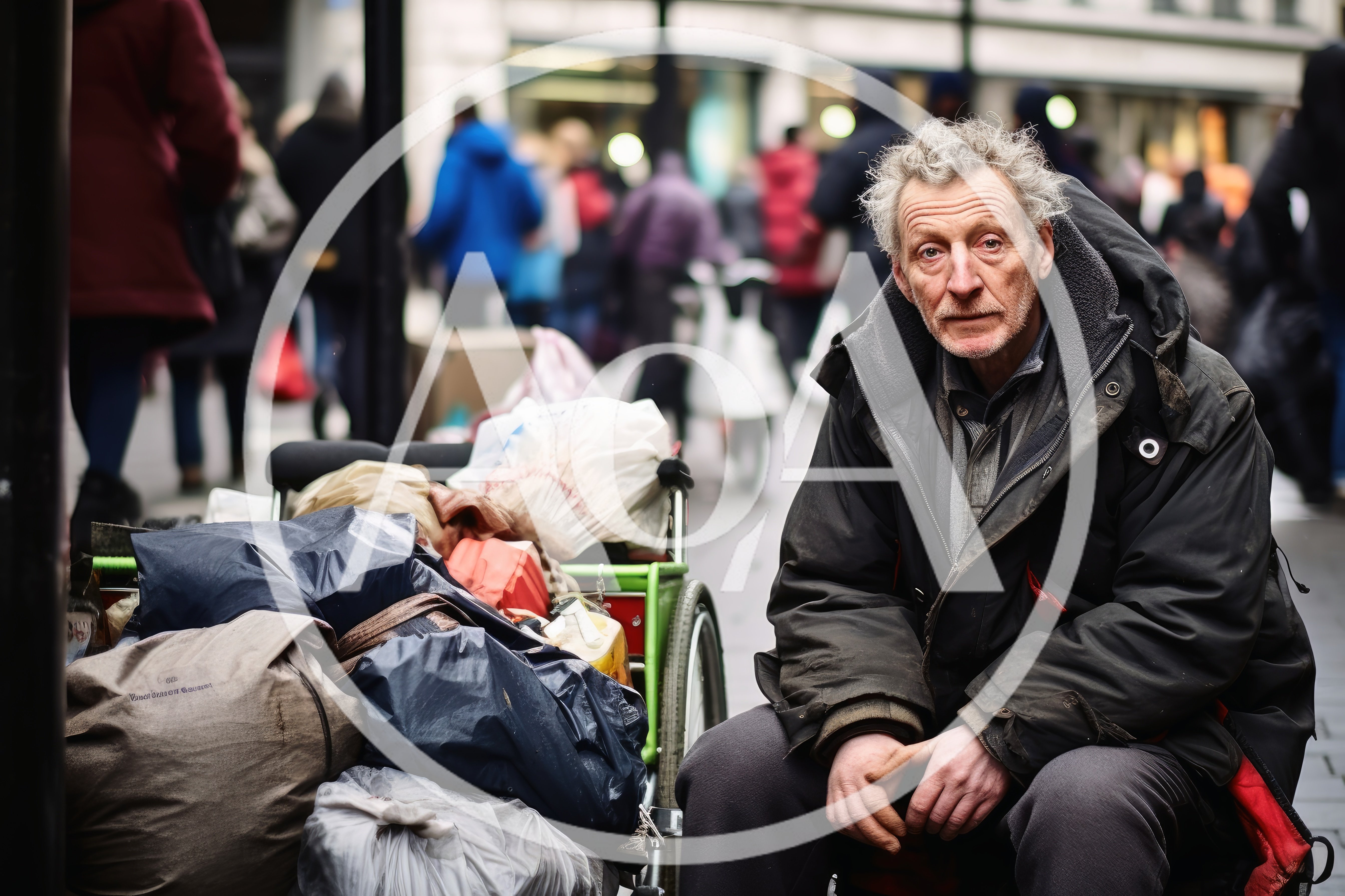 Homeless Man Sitting With Belongings On City Street