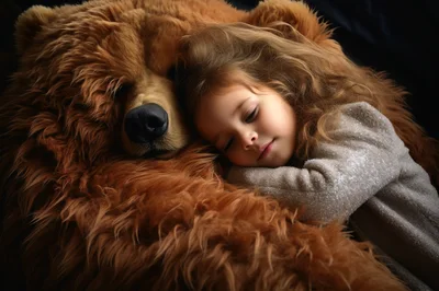 Little Girl Sleeping Beside A Large Teddy Bear