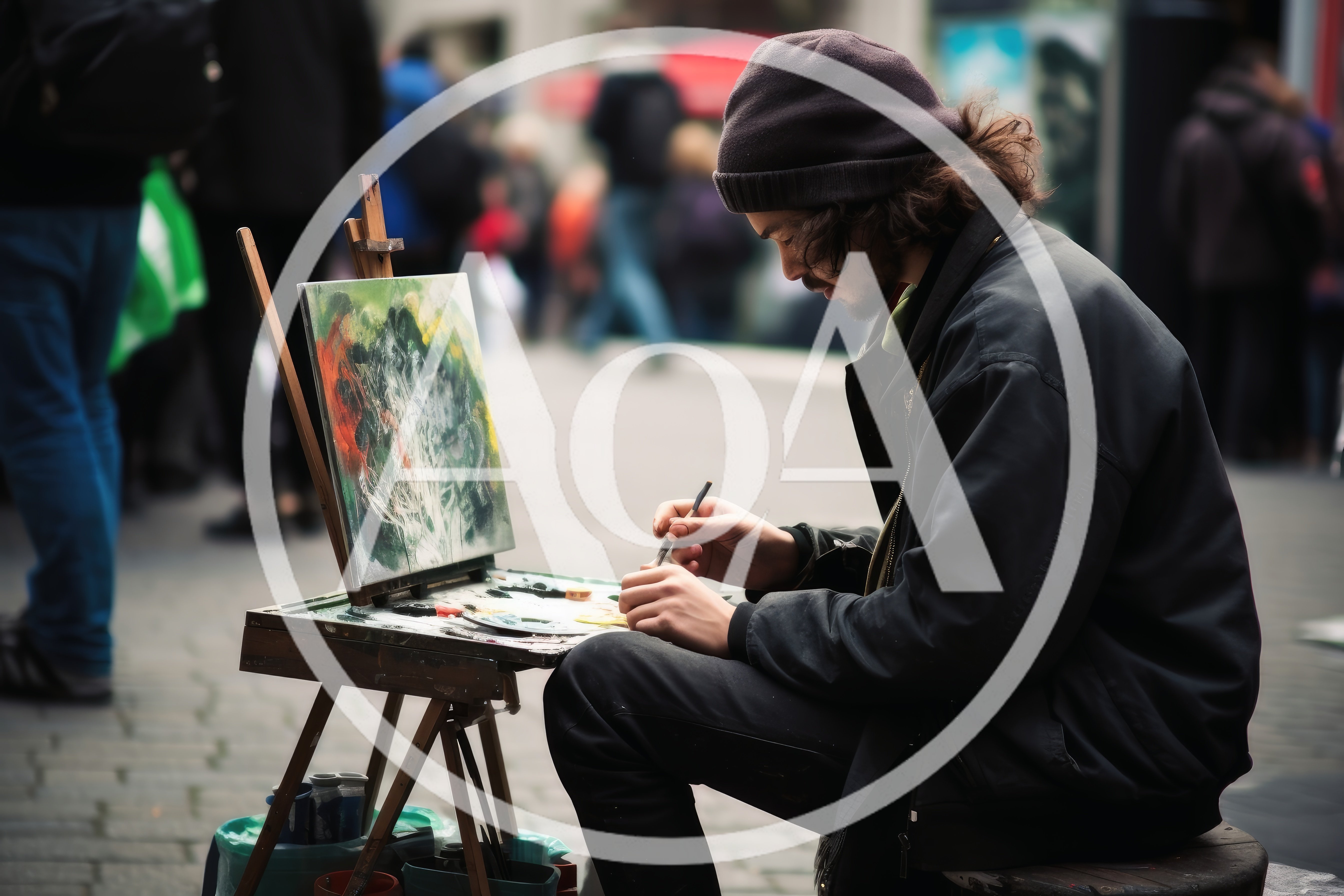 Street Artist Painting On Canvas In A Busy Plaza