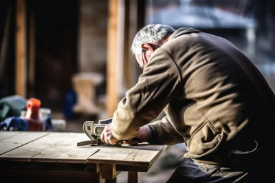 Elderly Carpenter Using Hand Plane On Wooden Board