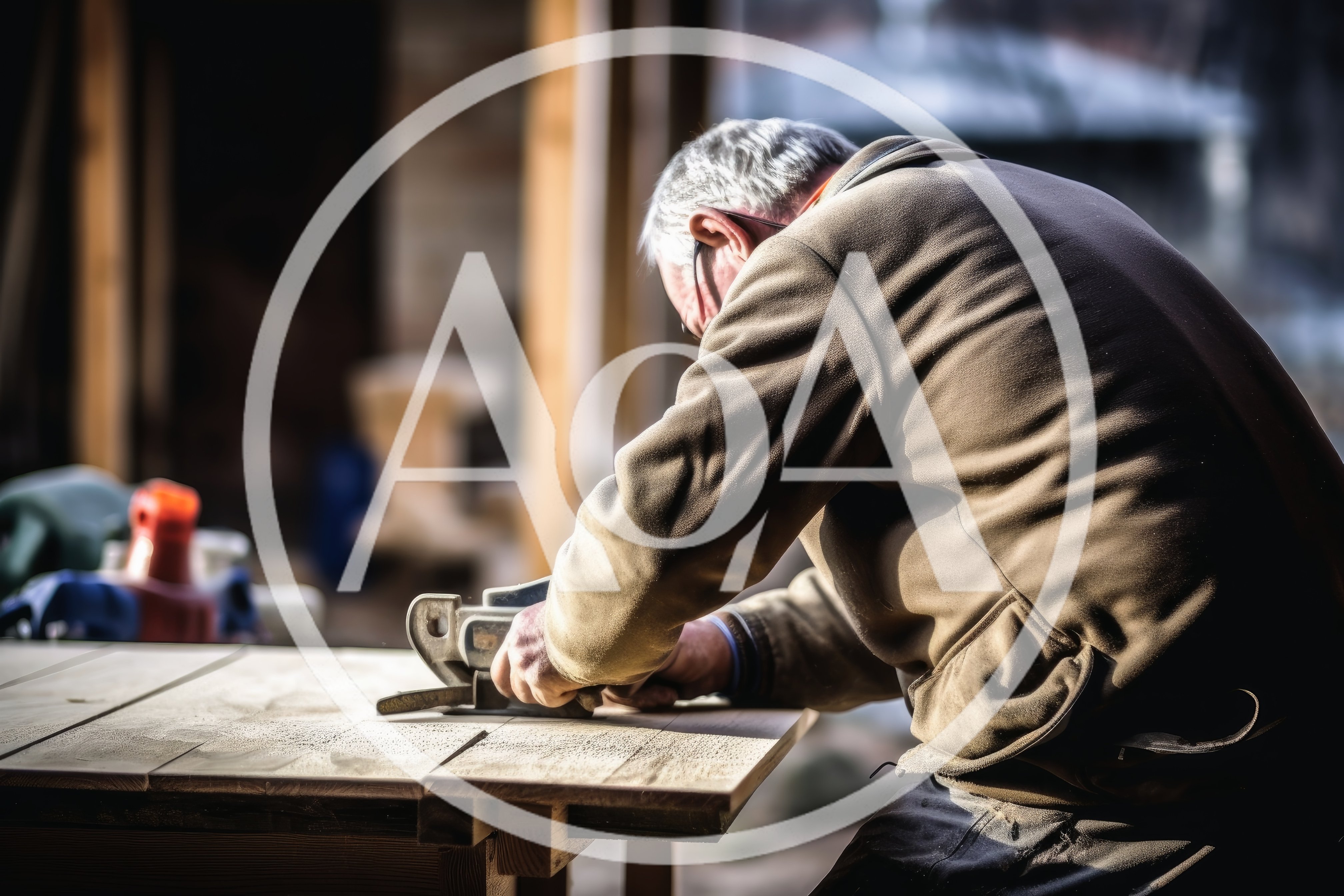 Elderly Carpenter Using Hand Plane On Wooden Board