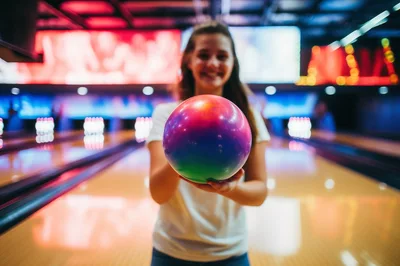Young Woman Holding Colorful Bowling Ball at Alley