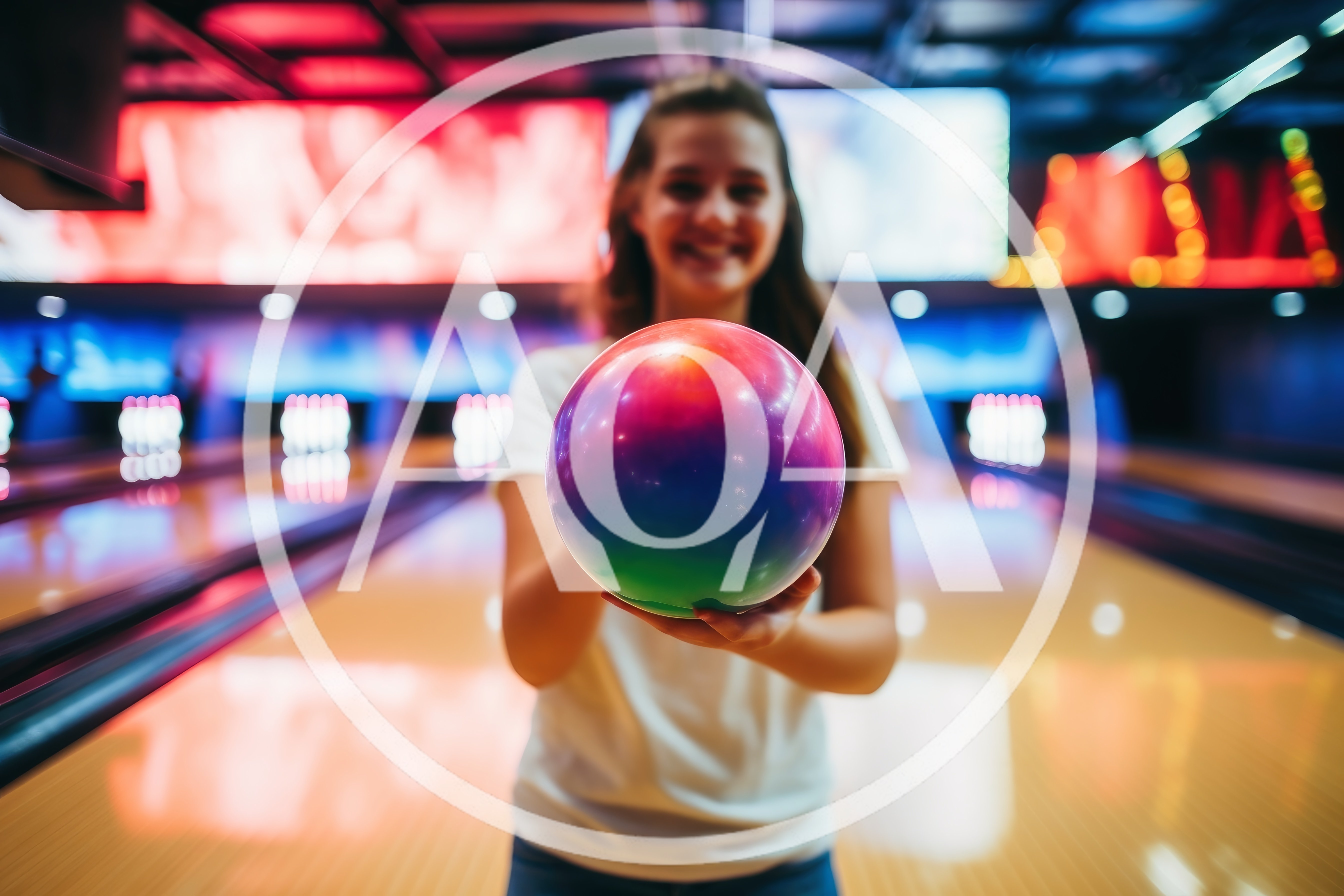 Young Woman Holding Colorful Bowling Ball at Alley