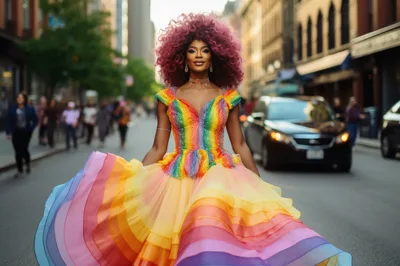 Fashion Model Wearing Rainbow Dress Walking On City Street