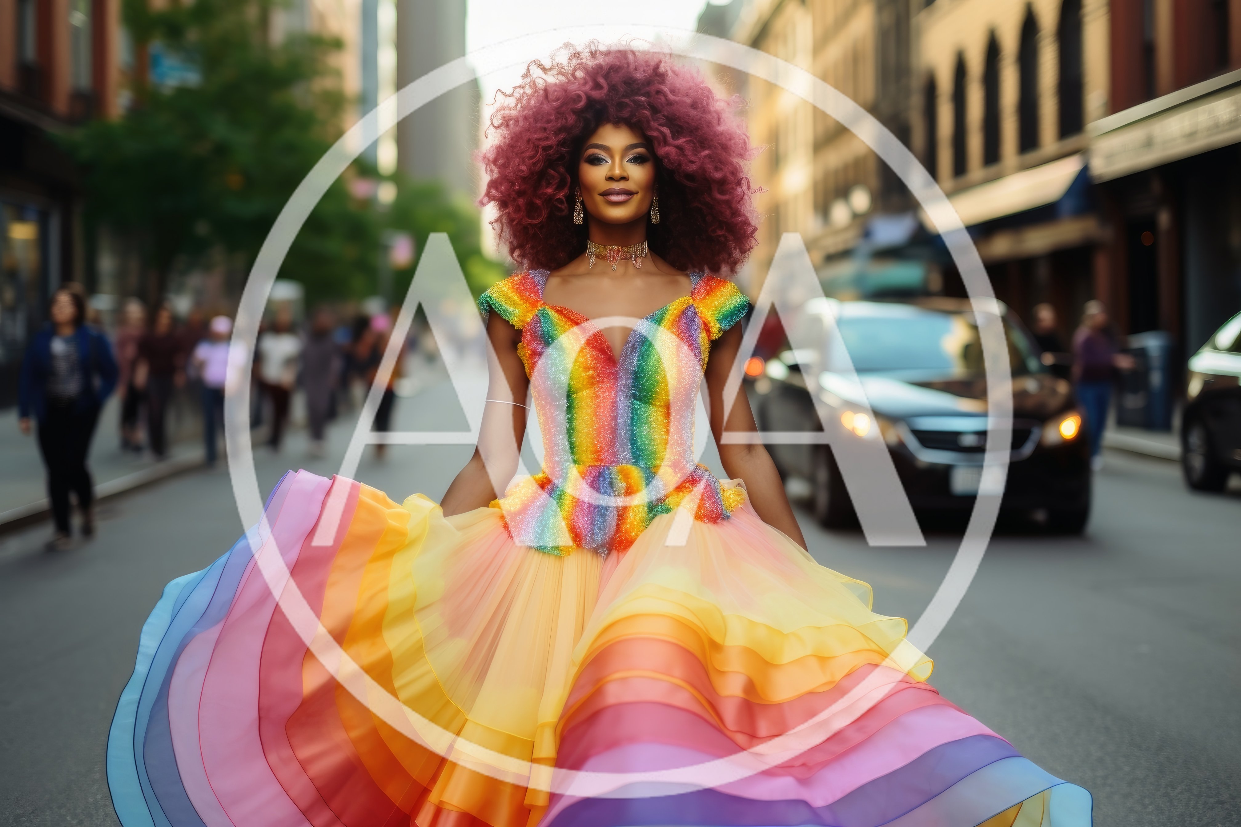 Fashion Model Wearing Rainbow Dress Walking On City Street