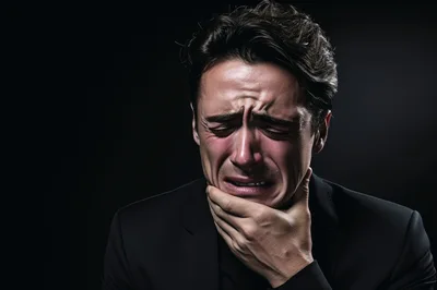 Distressed Man Crying While Holding His Chin