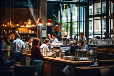 Busy Coffee Shop Interior With Baristas And Customers