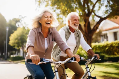 Happy Senior Couple Riding Bicycles Outdoors