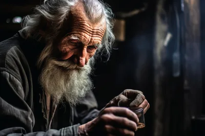 Elderly Man Examining Small Glass Container