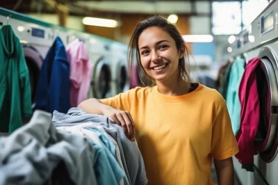Young Woman Smiling In A Laundromat