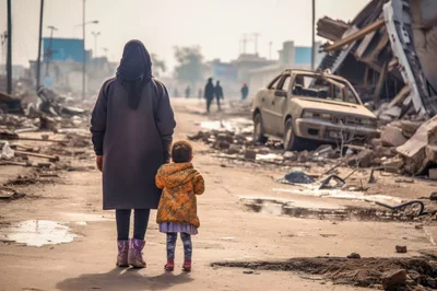 Mother And Child Walking Through A War Torn City