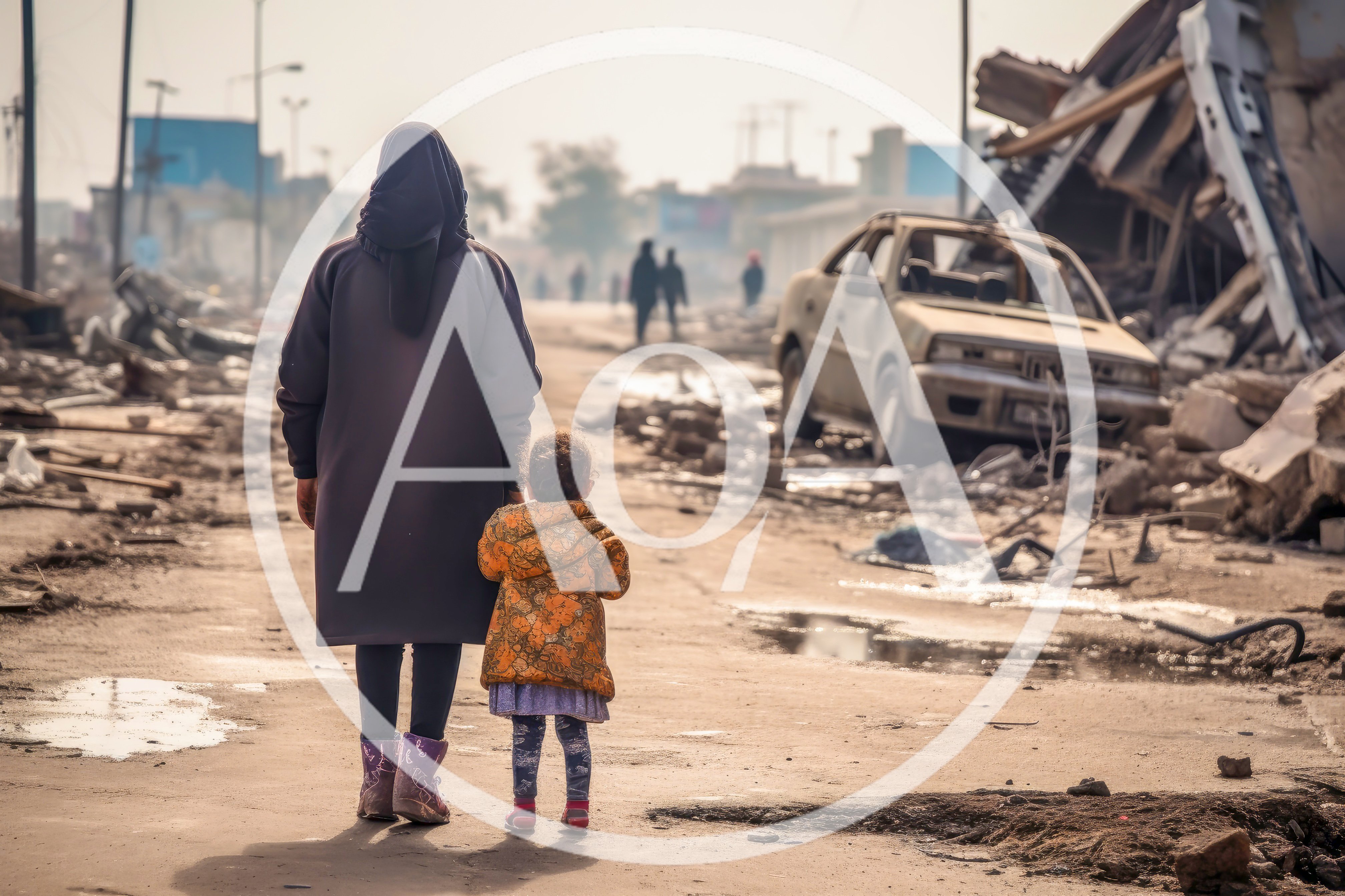 Mother And Child Walking Through A War Torn City