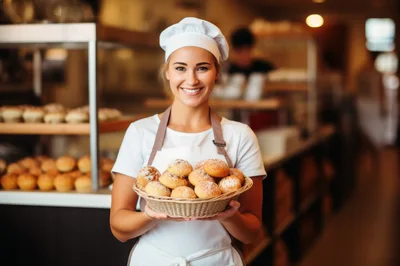 Smiling Female Baker Holding A Basket Of Fresh Bread