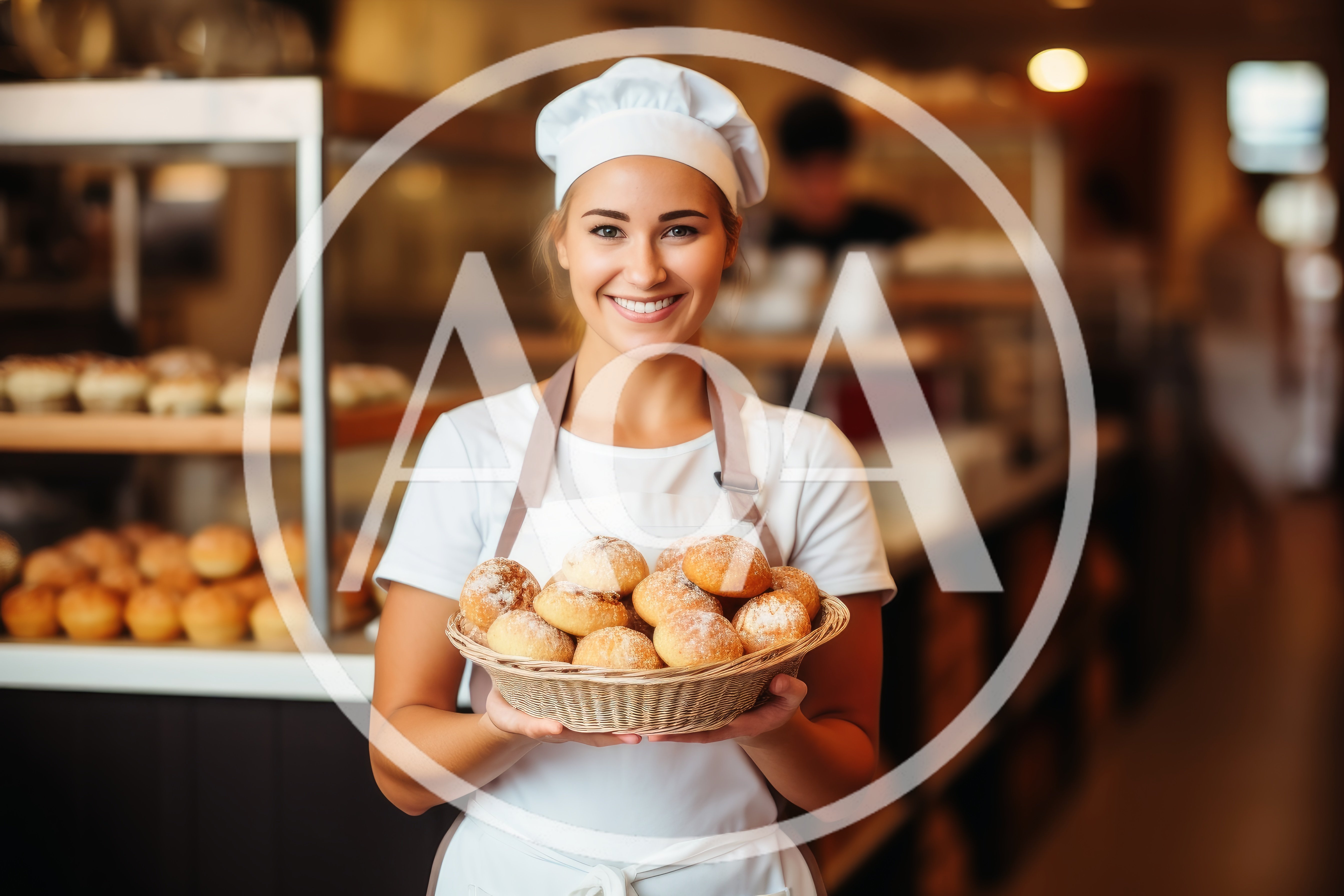 Smiling Female Baker Holding A Basket Of Fresh Bread