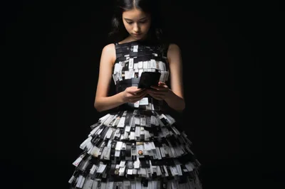 Young Woman Wearing A Dress Made Of Business Cards