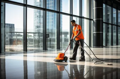 Professional Janitor Cleaning Office Floor With Buffer Machine