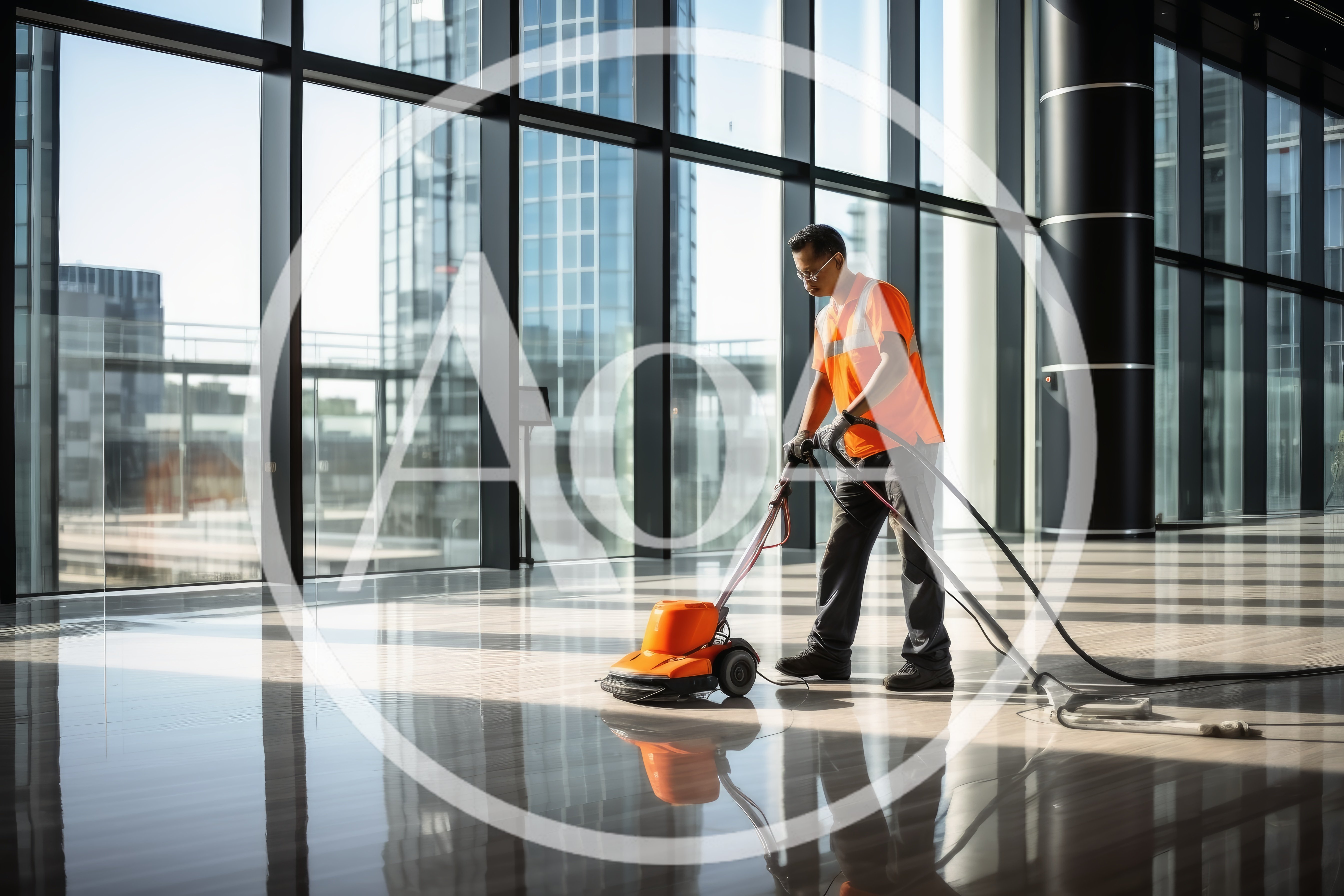 Professional Janitor Cleaning Office Floor With Buffer Machine