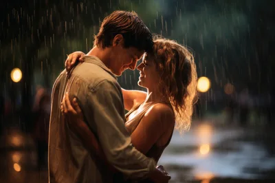 Young Couple Embracing Affectionately Under Heavy Rain