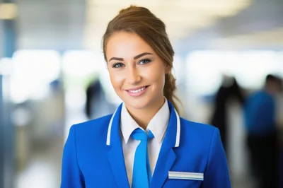 Professional Female Flight Attendant Smiling at Airport Terminal
