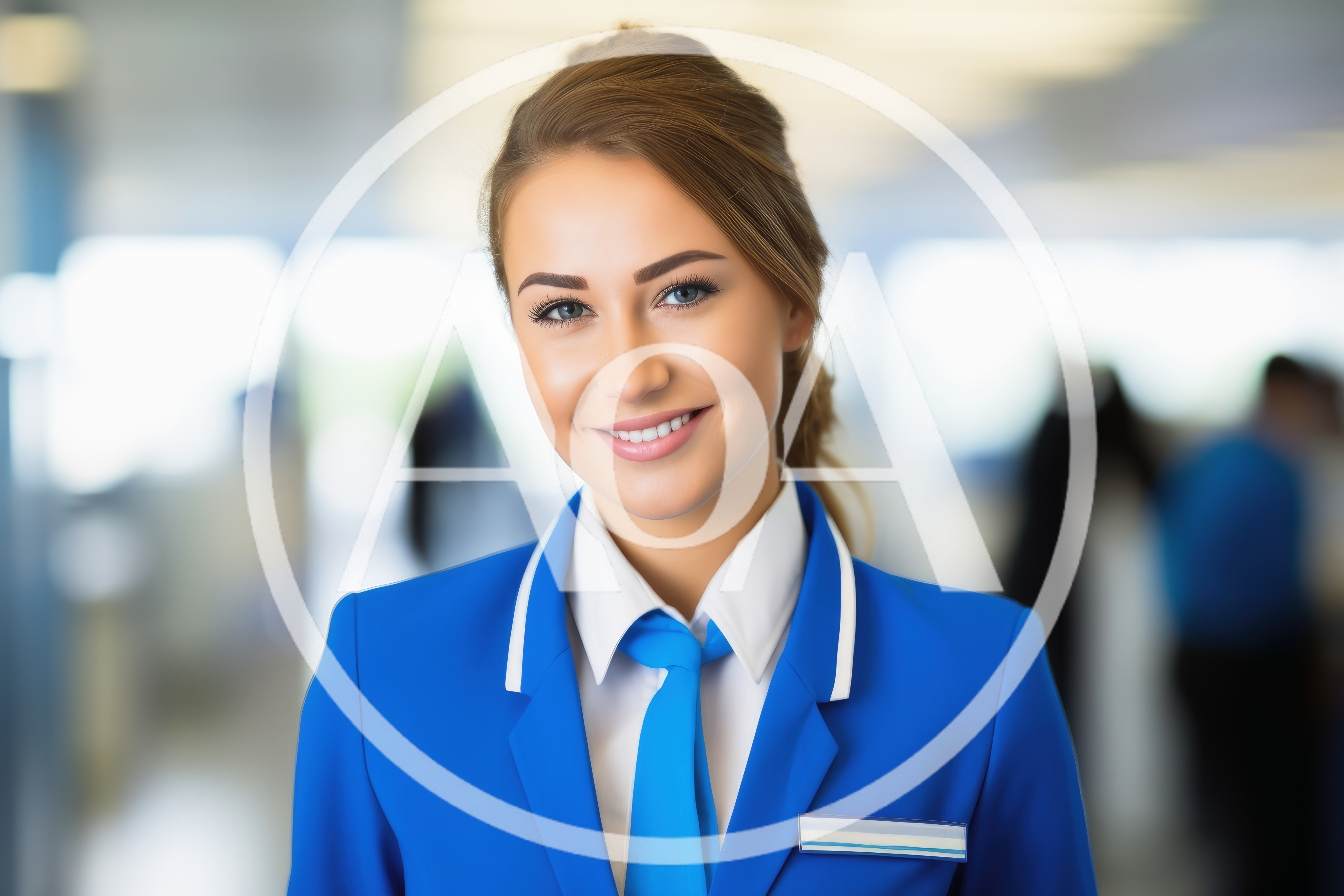 Professional Female Flight Attendant Smiling at Airport Terminal