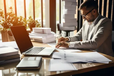 Professional Businessman Working With Documents In A Bright Office