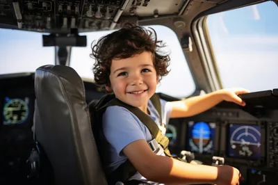 Young Boy Pretending To Pilot An Airplane Cockpit