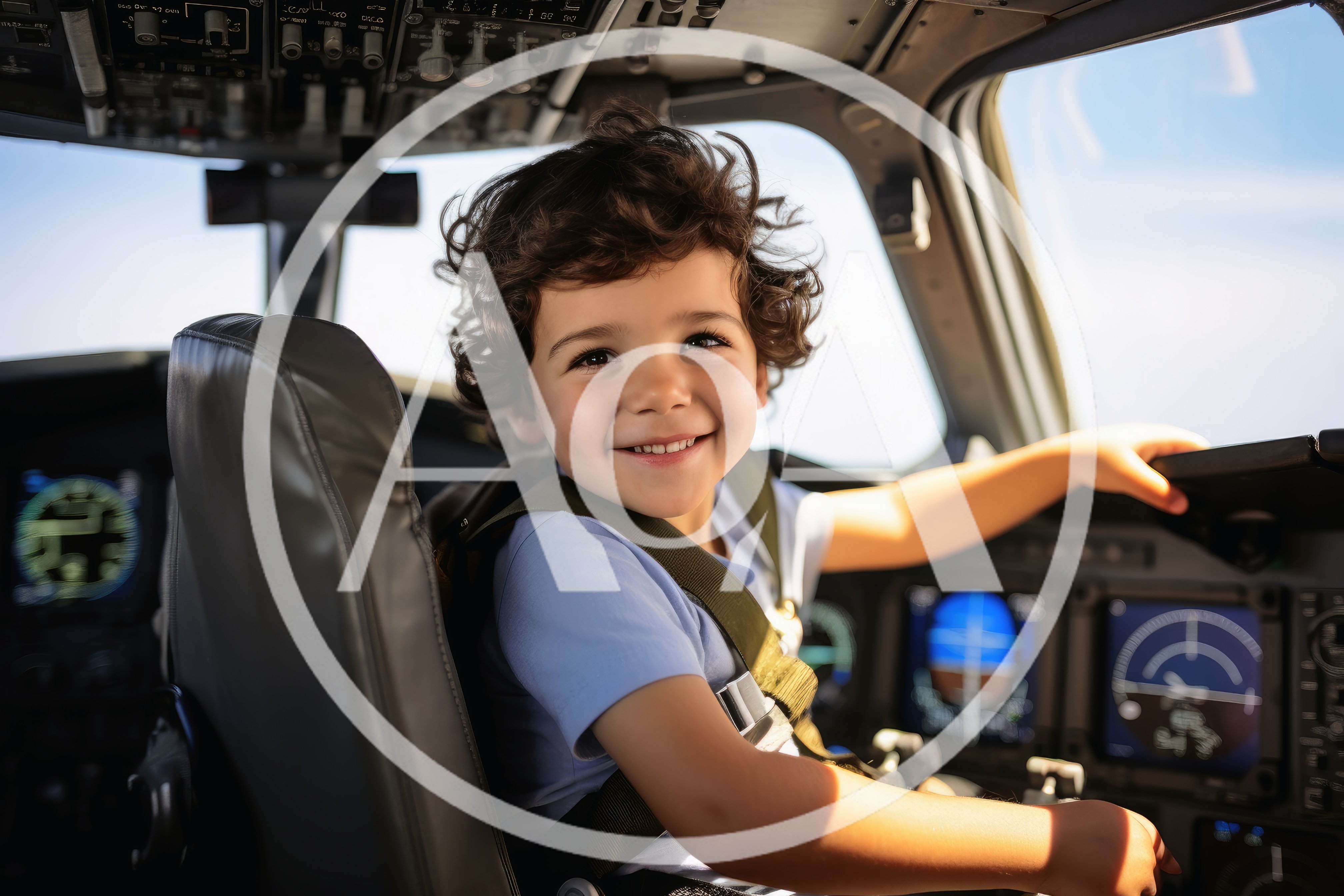 Young Boy Pretending To Pilot An Airplane Cockpit