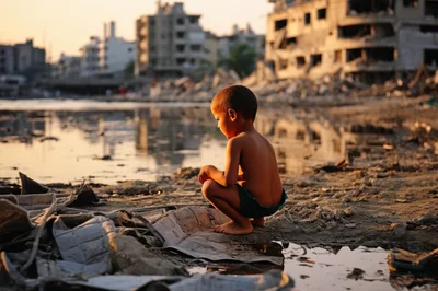Young Boy Squatting Amidst Urban Ruins at Sunset
