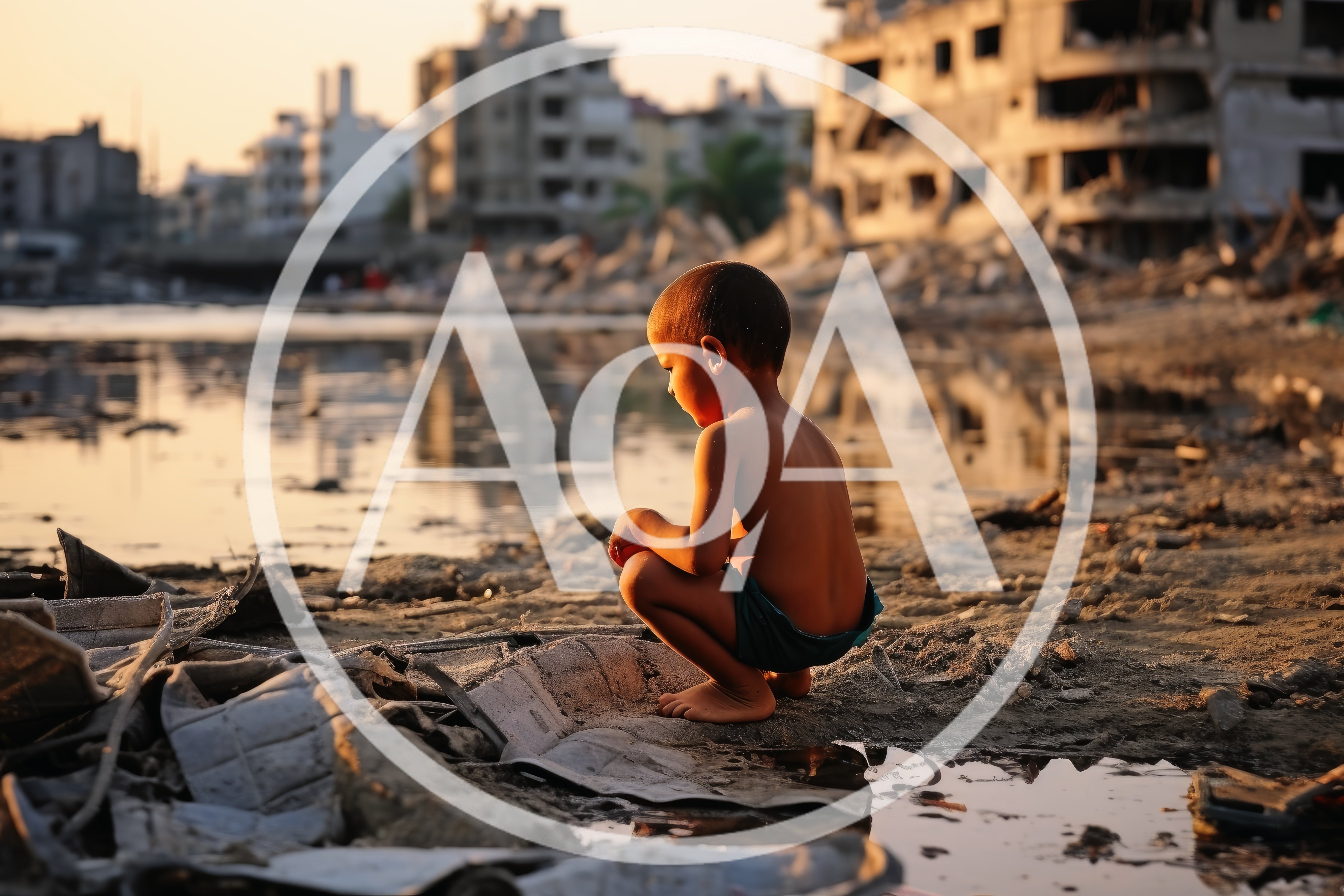 Young Boy Squatting Amidst Urban Ruins at Sunset