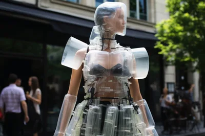 Futuristic Mannequin Wearing Avant Garde Plastic Fashion Design
