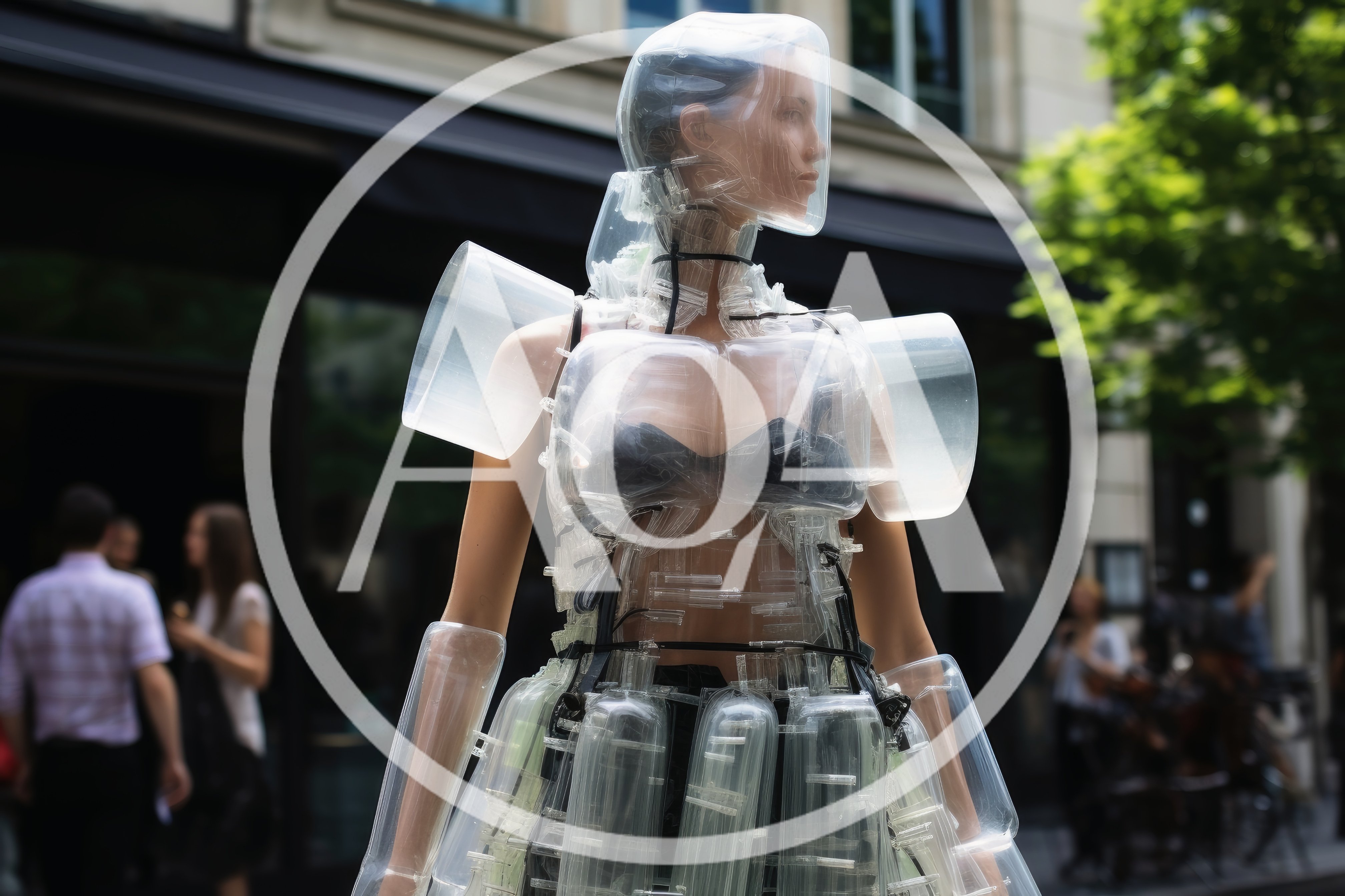 Futuristic Mannequin Wearing Avant Garde Plastic Fashion Design