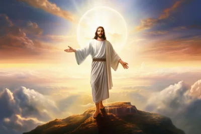 Jesus Christ Standing With Open Arms Above Clouds