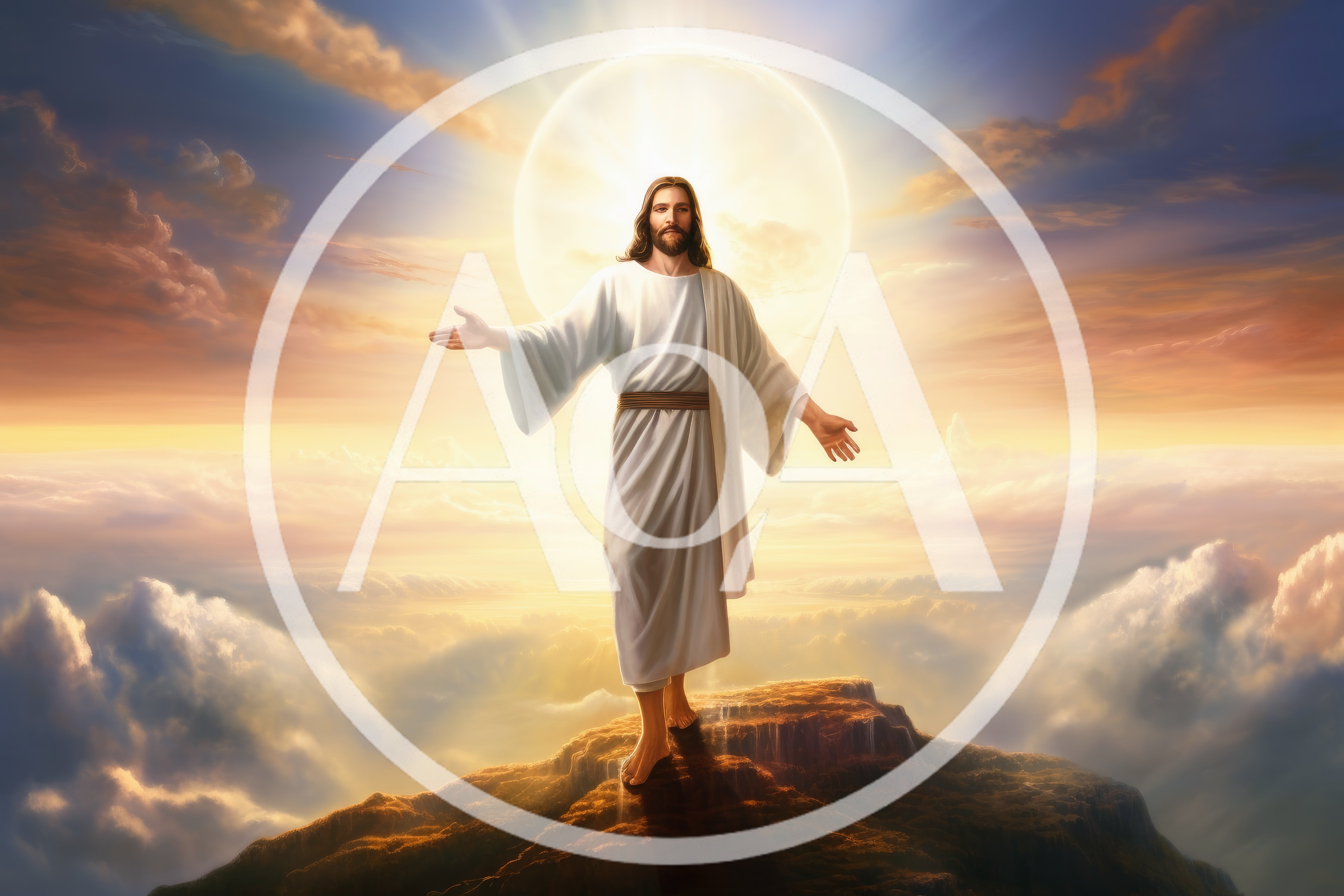 Jesus Christ Standing With Open Arms Above Clouds
