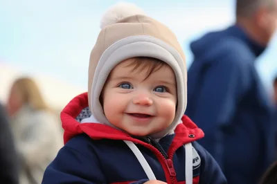 Happy Baby Wearing A Winter Hat And Jacket