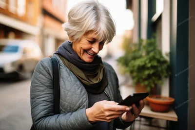 Senior Woman Smiling While Using Smartphone Outdoors