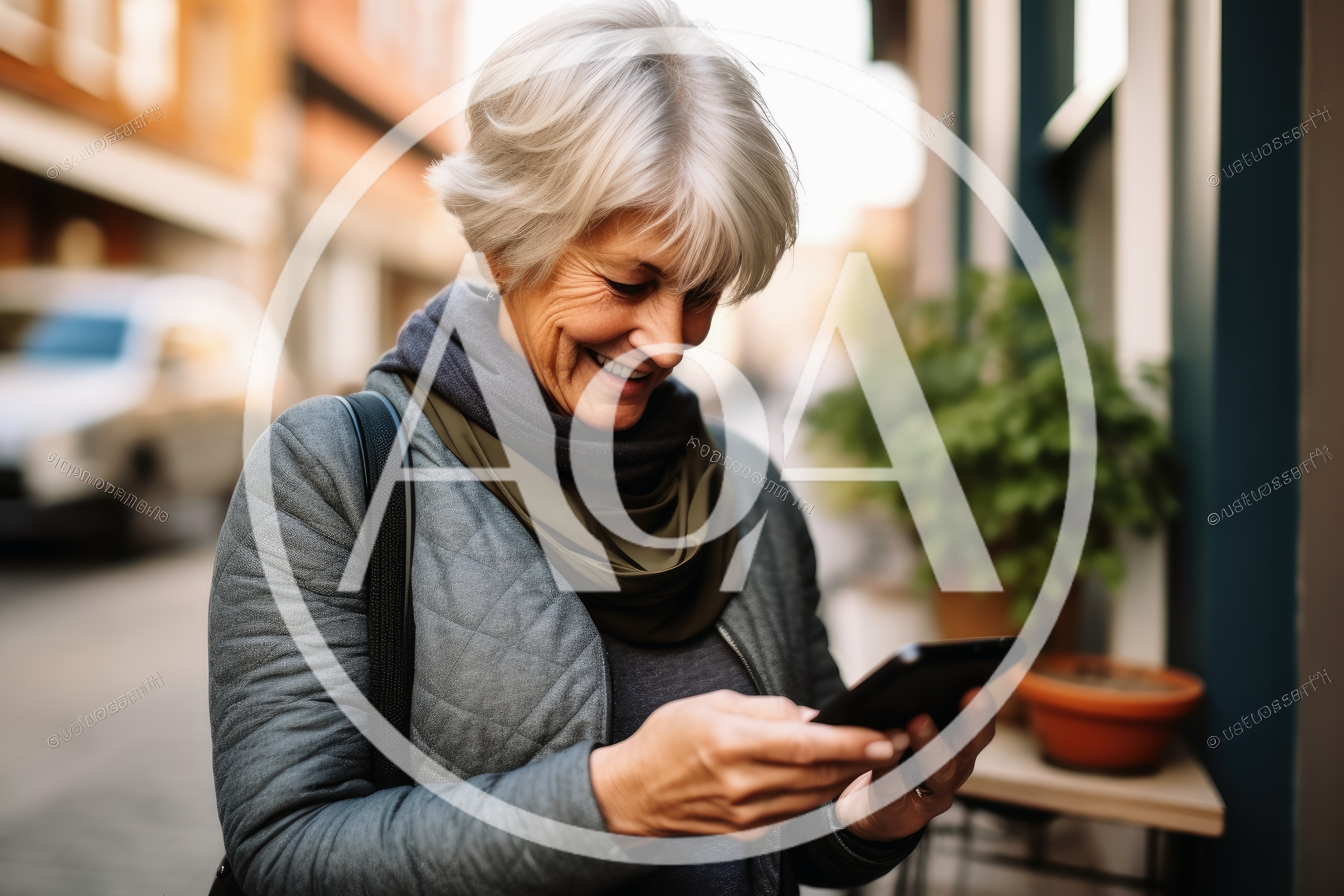 Senior Woman Smiling While Using Smartphone Outdoors