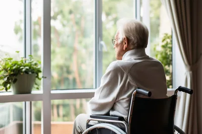 Elderly Man Sitting In Wheelchair Looking Out Window